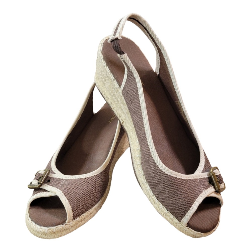 Naturalizer Sherene Wedge Sandals Womens 9.5M Brown Fabric Espadrille Peep Toe